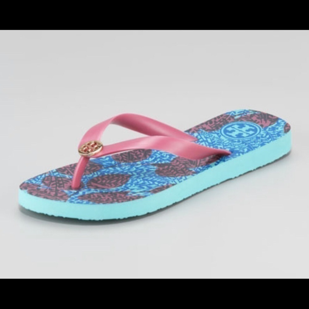 Tory Burch Turquoise Pink Logo Rubber Flip Flops​​​​​​​​​​​